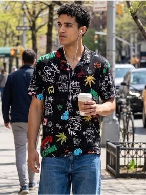 Kronic Prints Drill Clothing Graffiti Print Cannabis Theme Button Up Shirt NWT